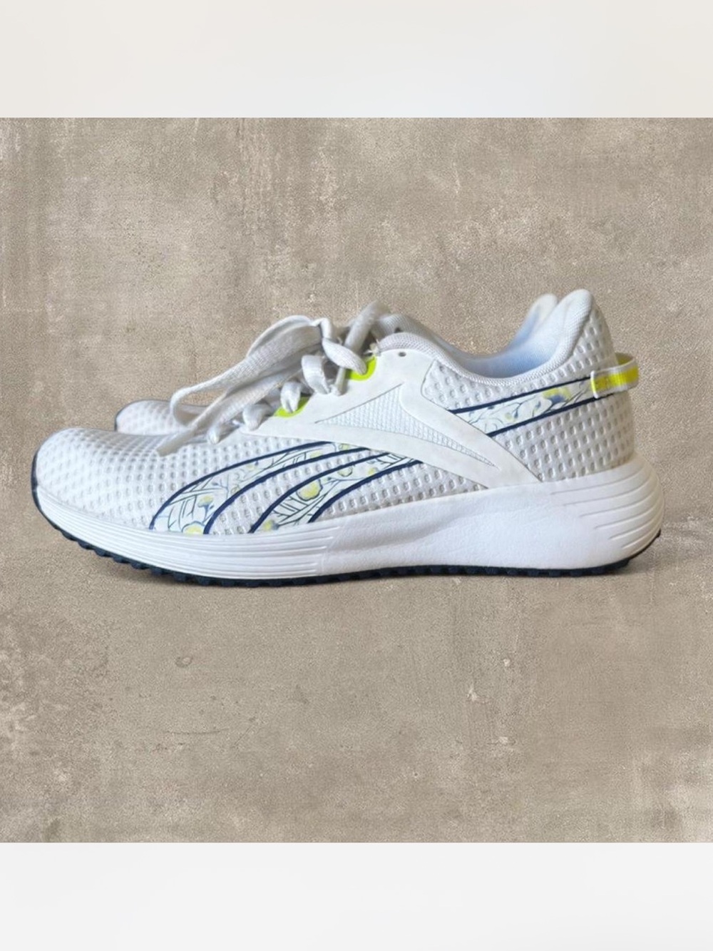 Reebok White Trainers with Navy and Neon Yellow Accents